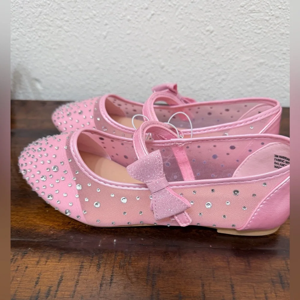 Sugar  Flats Shoes Big Girl Size 3M – Pink with Sparkly Rhinestones & Bow  New